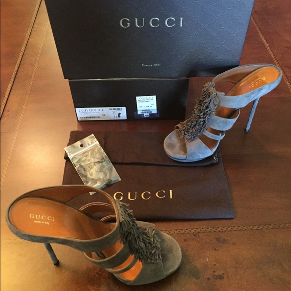 Gucci Grey Suede Fringe Platform Heels - Picture 2 of 6